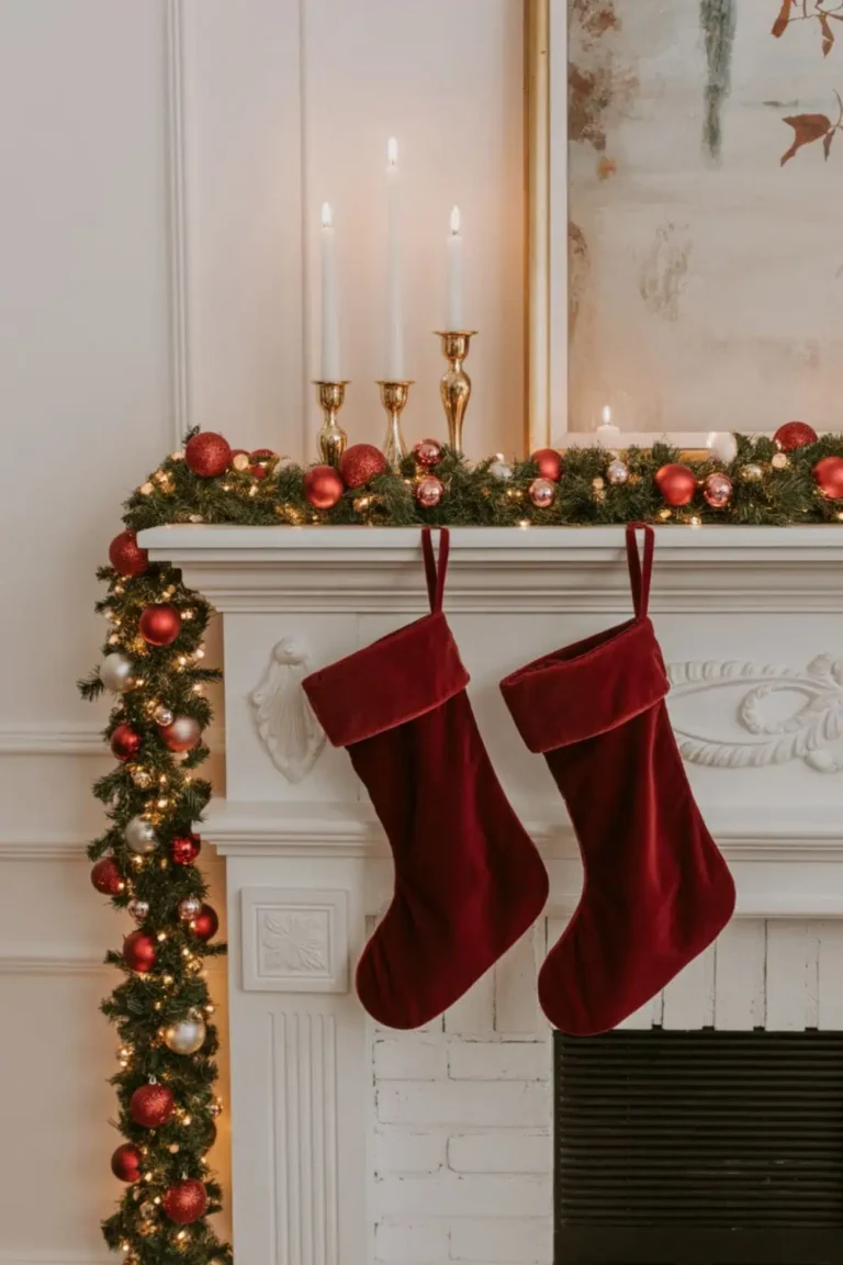 Luxe holiday mantel with jewel-tone stockings and greenery.