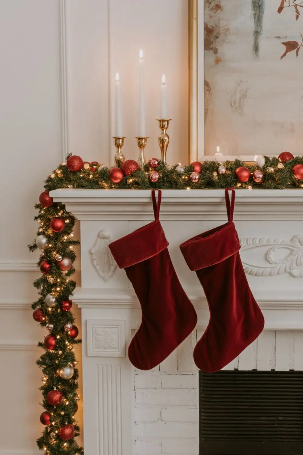 Luxe holiday mantel with jewel-tone stockings and greenery.