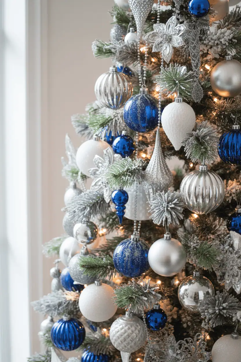 Sapphire and silver luxury Christmas tree with icy details.