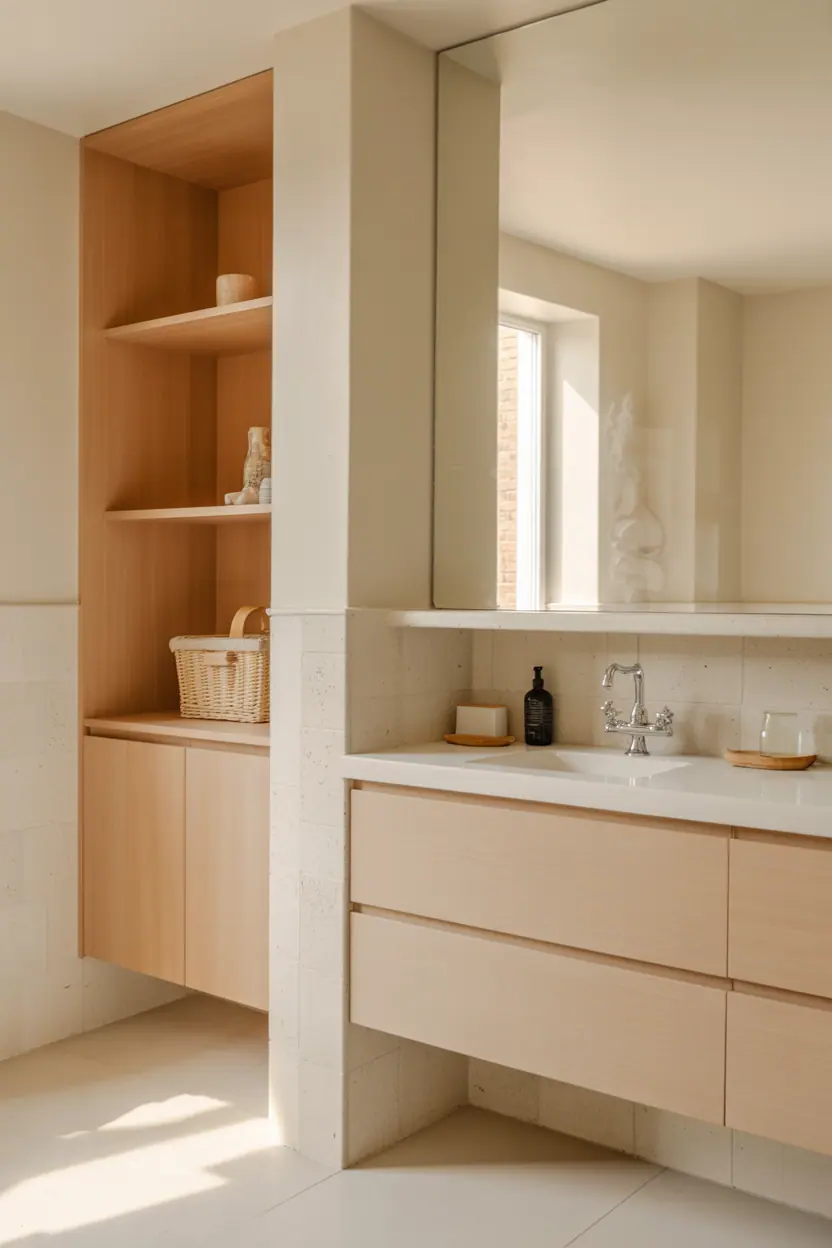 Spa-like bathroom with light wood finishes, pale oak vanity, white stone tiles, soft neutral palette, warm natural daylight, minimal accessories, calm and serene atmosphere, Scandinavian and Japandi-inspired interior, realistic interior photography, editorial home magazine style, high resolution, matte surfaces, no people, no text, no watermark