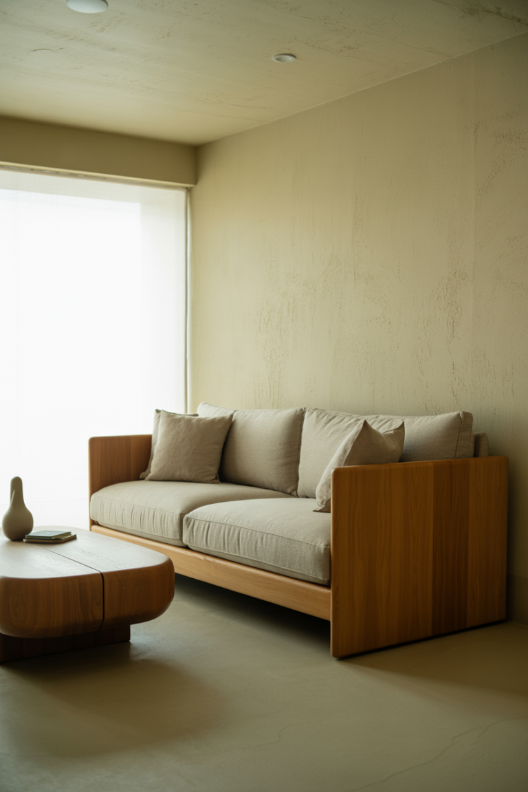 Japandi living room interior with strong wood accents, light oak sofa frame, low-profile neutral sofa, rounded wooden coffee table, soft linen cushions, pale textured walls, warm daylight entering from large window, calm and balanced composition, minimalist decor, subtle Japanese influence, Scandinavian simplicity, editorial interior photography, realistic home setting, no people, no text, no logos