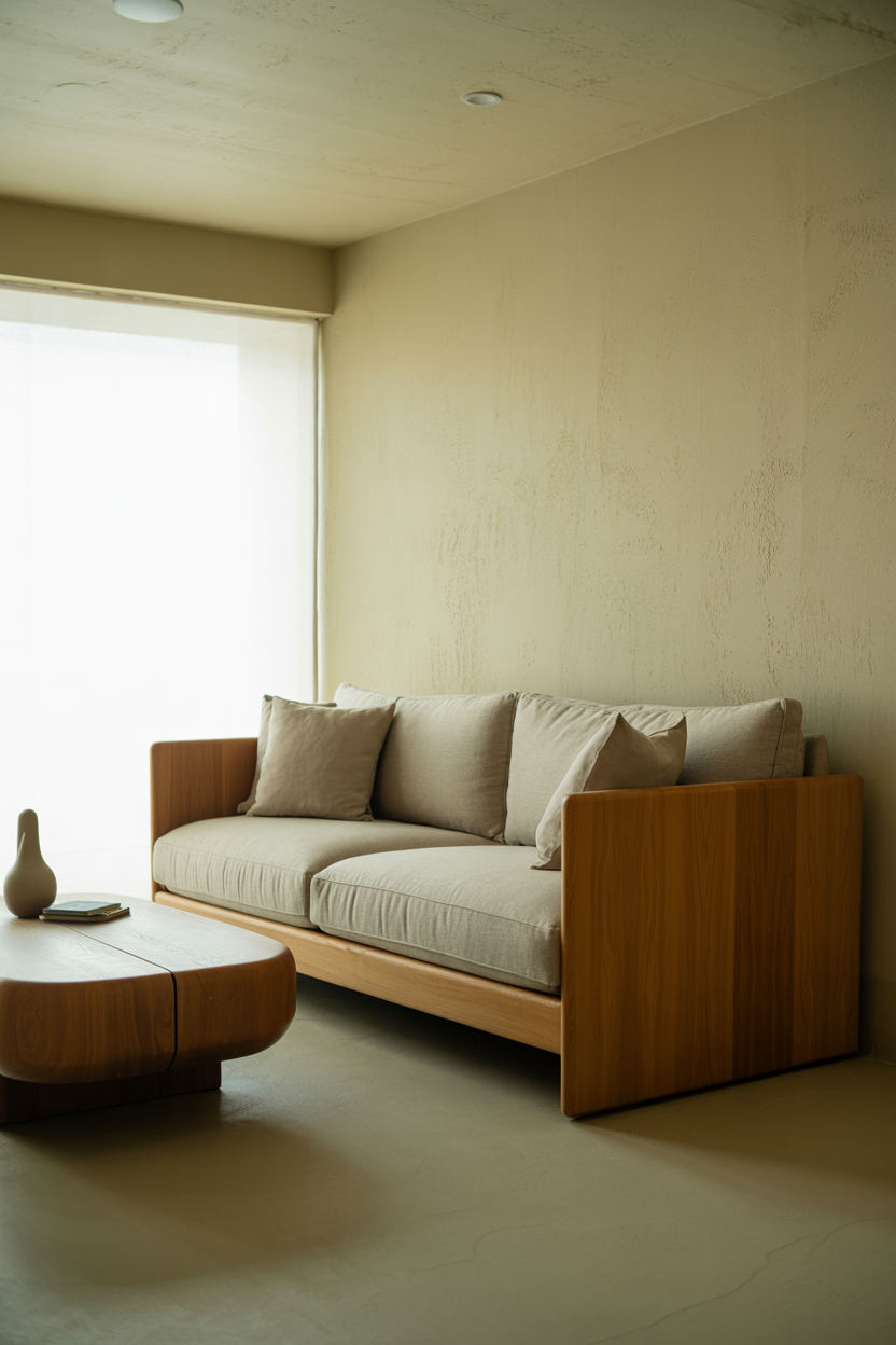 Japandi living room interior with strong wood accents, light oak sofa frame, low-profile neutral sofa, rounded wooden coffee table, soft linen cushions, pale textured walls, warm daylight entering from large window, calm and balanced composition, minimalist decor, subtle Japanese influence, Scandinavian simplicity, editorial interior photography, realistic home setting, no people, no text, no logos
