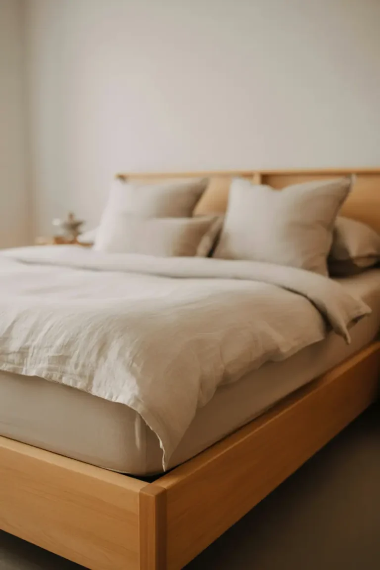 Calming bedroom interior with warm natural wood decor, light wood bed frame, neutral bedding, soft linen textures, minimal furniture, gentle daylight, peaceful and restful atmosphere, Scandinavian and Japandi-inspired style, realistic interior photography, editorial home magazine aesthetic, high resolution, warm neutral color palette, shallow depth of field, no people, no text, no watermark