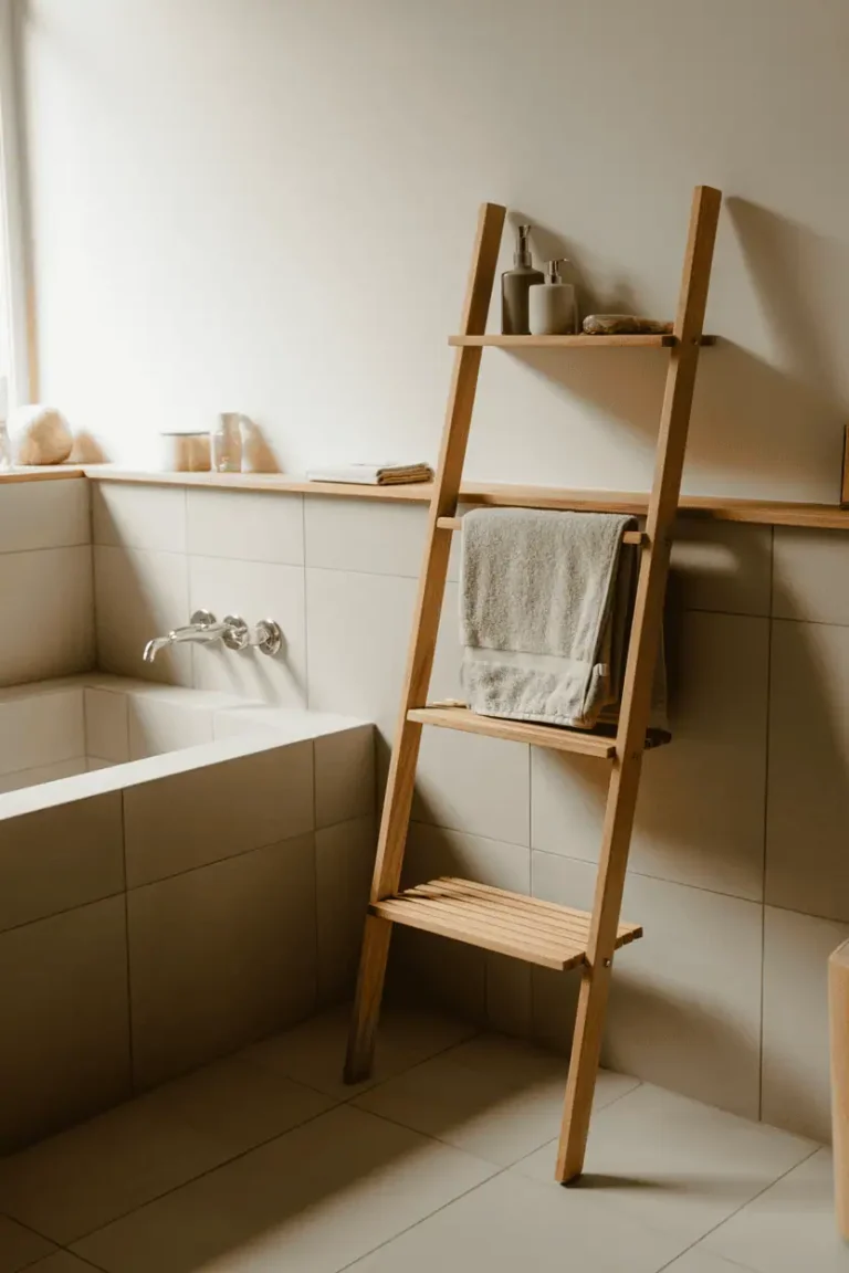 Wooden Bath Ladder Shelf Ideas for Calm, Organized Bathrooms