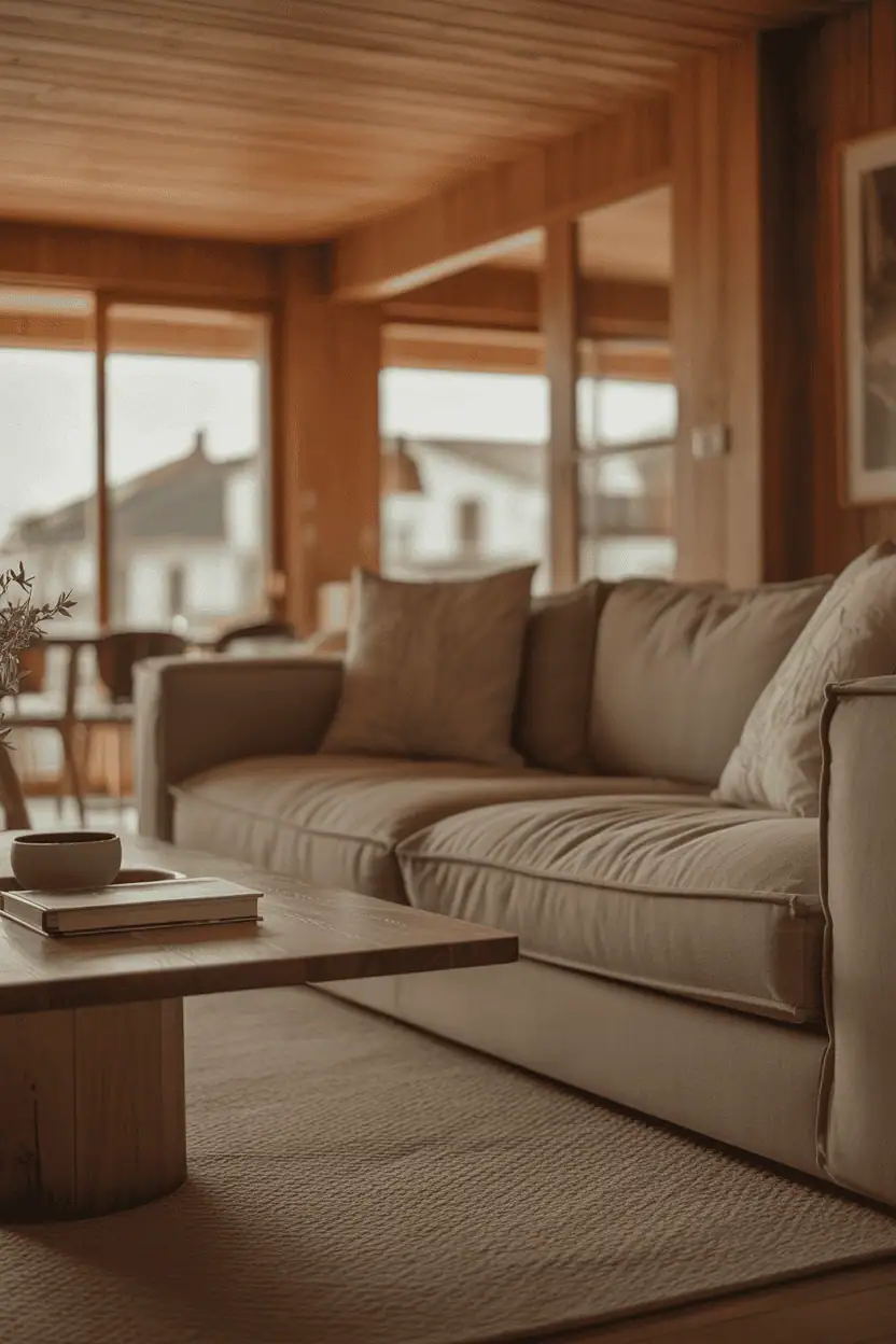 Warm natural wood living room interior with layered wood tones, solid wood coffee table, neutral linen sofa, textured rug, soft natural daylight, cozy and calm atmosphere, modern yet timeless styling, wide-angle view, Scandinavian–modern wood aesthetic, realistic interior photography, high resolution, magazine-style composition, shallow depth of field, neutral warm color palette, no people, no text, no watermark