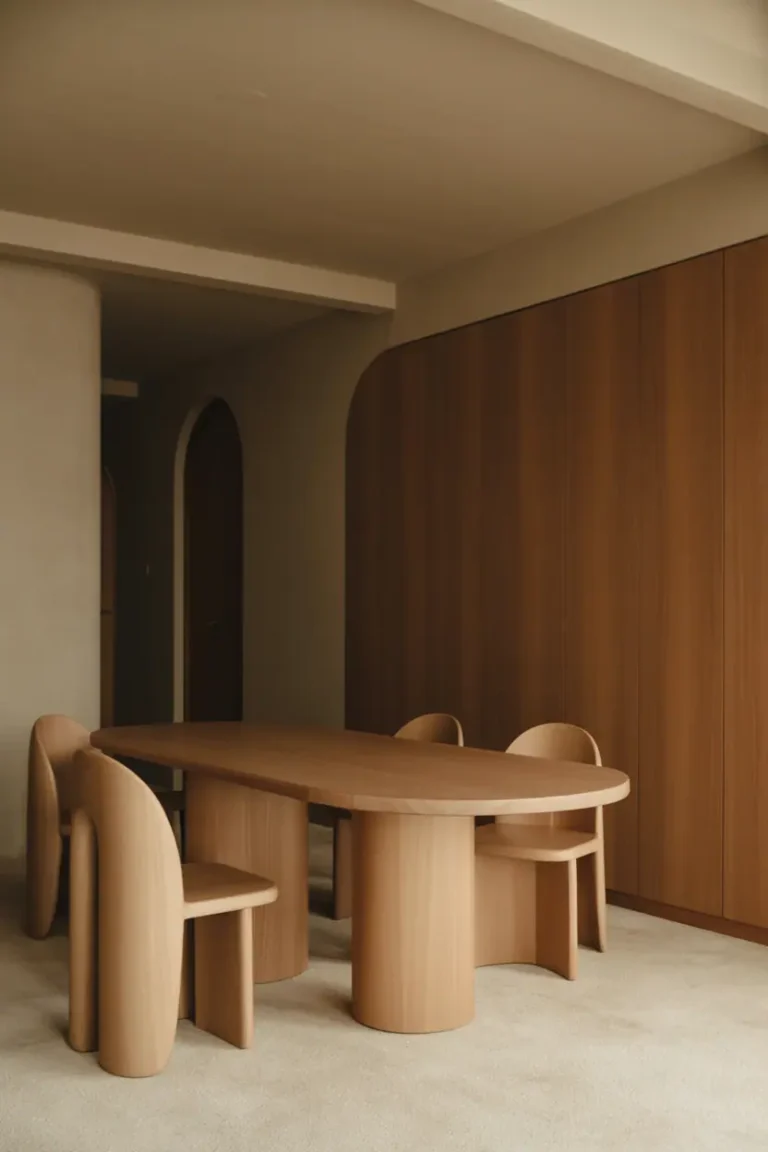 Modern interior featuring rounded wood furniture silhouettes, curved wooden table and chairs, warm natural wood tones, soft neutral palette, calm and inviting atmosphere, refined modern home, soft editorial lighting, high-end interior magazine photography, realistic, no people, no text, no logos
