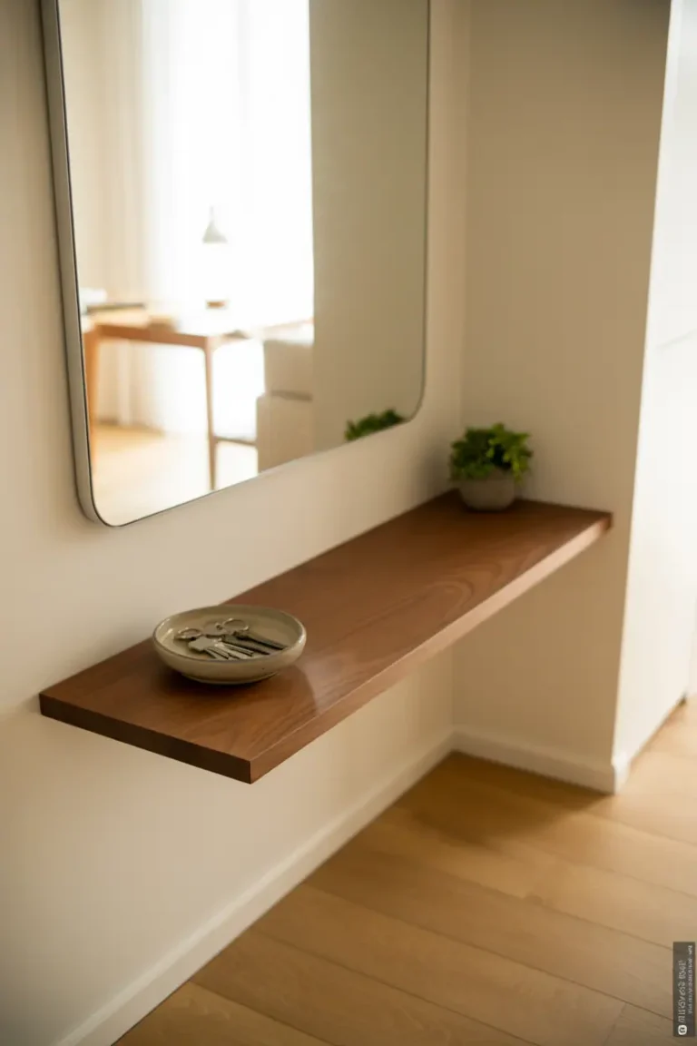 A welcoming small entryway interior with floating walnut shelf mounted on white wall, large rectangular mirror above, light oak flooring, natural morning light from side. Minimal styling with ceramic bowl on shelf for keys, one small green plant, completely clear floor space. Clean, intentional, functional aesthetic. Professional interior design photography, 35mm lens, bright and airy atmosphere, realistic style, warm wood tones against white walls, magazine-quality composition.