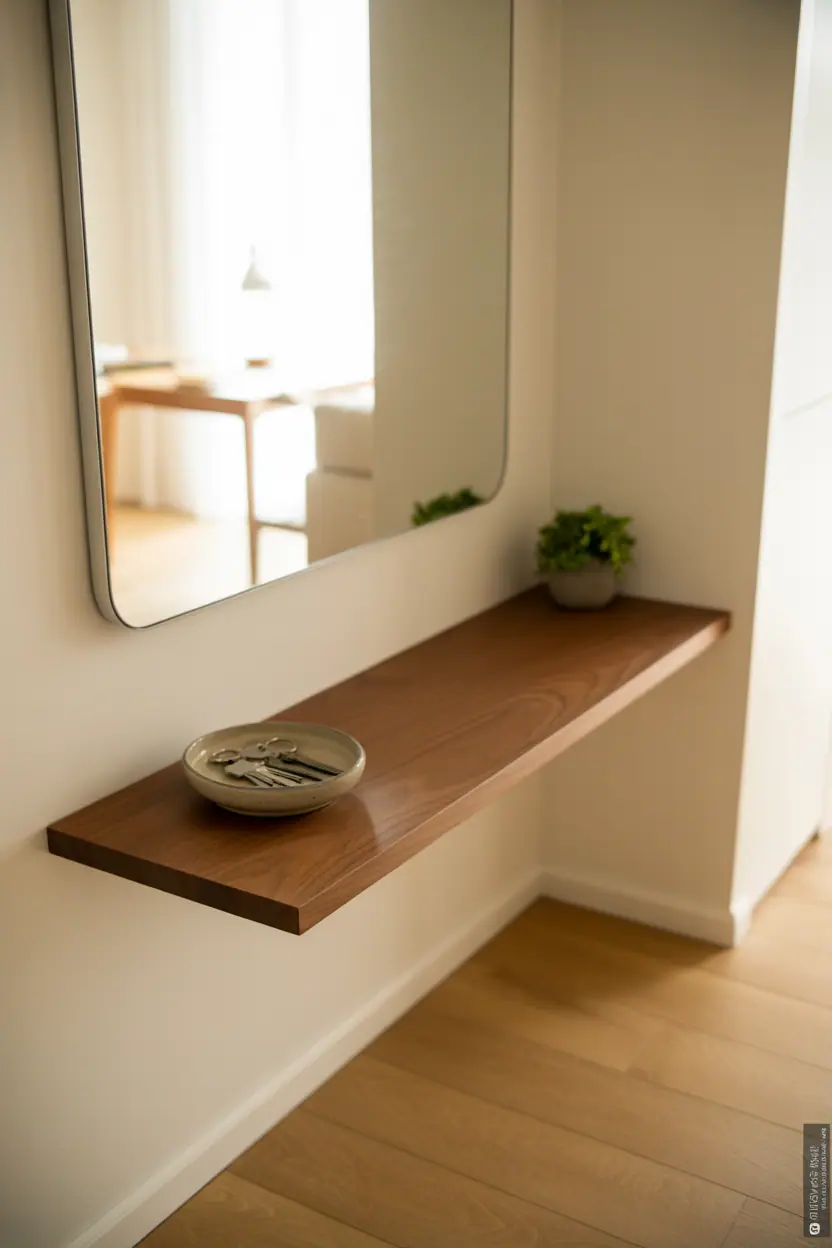 A welcoming small entryway interior with floating walnut shelf mounted on white wall, large rectangular mirror above, light oak flooring, natural morning light from side. Minimal styling with ceramic bowl on shelf for keys, one small green plant, completely clear floor space. Clean, intentional, functional aesthetic. Professional interior design photography, 35mm lens, bright and airy atmosphere, realistic style, warm wood tones against white walls, magazine-quality composition.