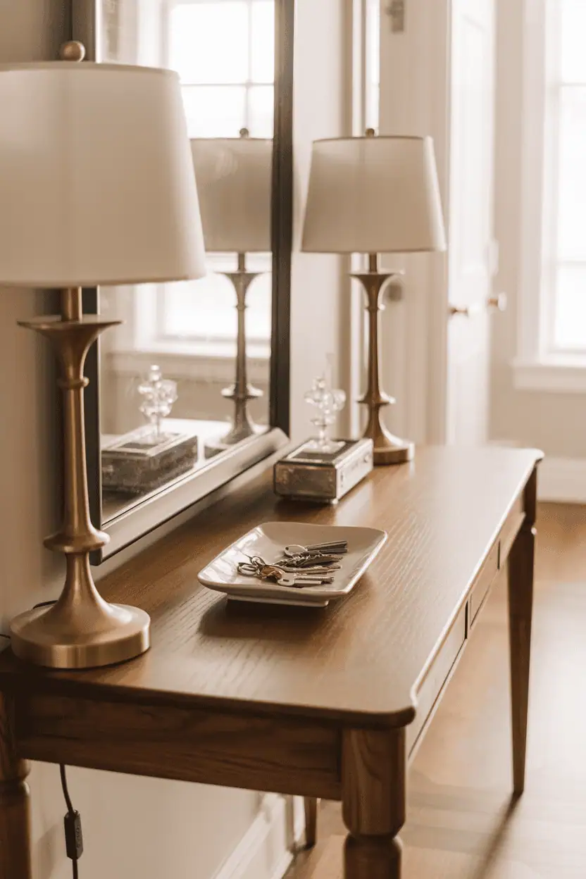 A beautifully styled wooden console table in warm walnut finish positioned against white wall in bright entryway. Two matching brass table lamps at each end, large rectangular mirror above, small ceramic tray with keys and decorative objects in center. Natural morning light from side window, hardwood floors, clean and collected aesthetic. Professional interior design photography, 35mm lens, editorial home decor magazine quality, warm tones, inviting atmosphere, realistic style.