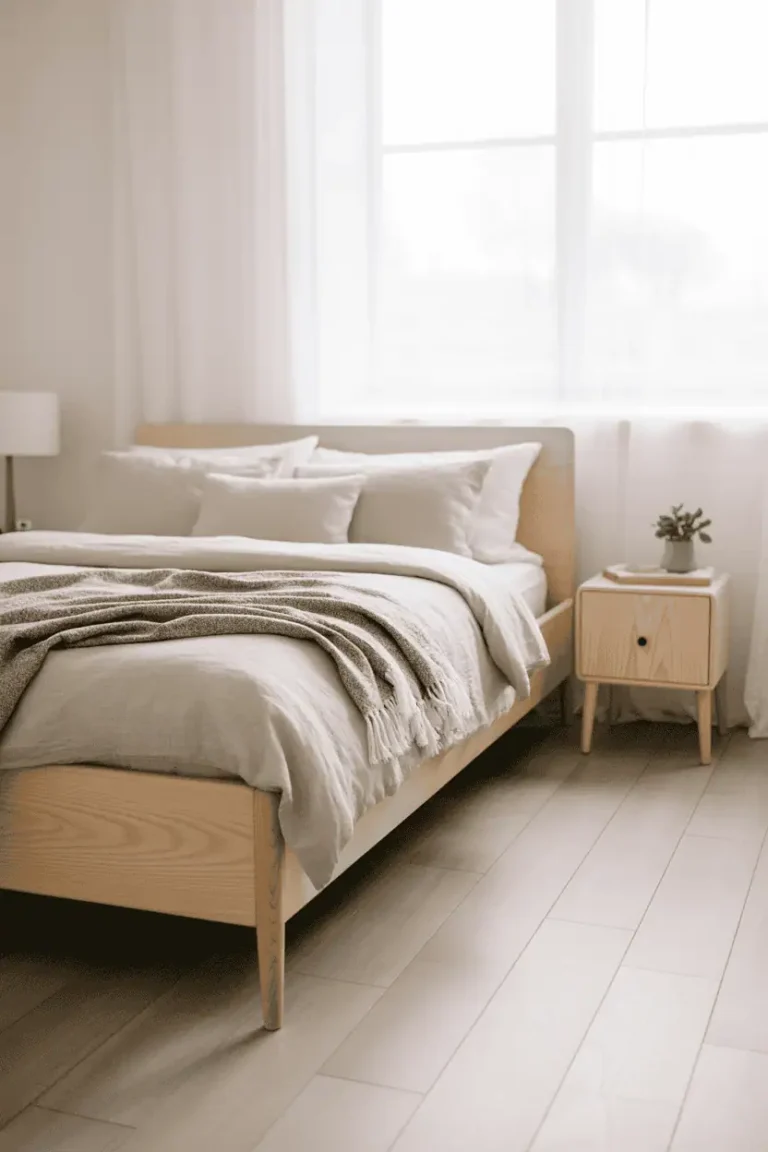 A calm and light Scandinavian bedroom interior with pale ash wood bed frame, white linen bedding, gray wool throw blanket, whitewashed oak floors. Natural morning light streaming through sheer white curtains, white walls, minimal styling with one small green plant on light birch nightstand. Clean minimalist aesthetic, soft natural lighting, 35mm lens perspective, airy and breathable feeling. Professional interior design photography, editorial home decor magazine quality, neutral tones, Scandinavian hygge atmosphere.