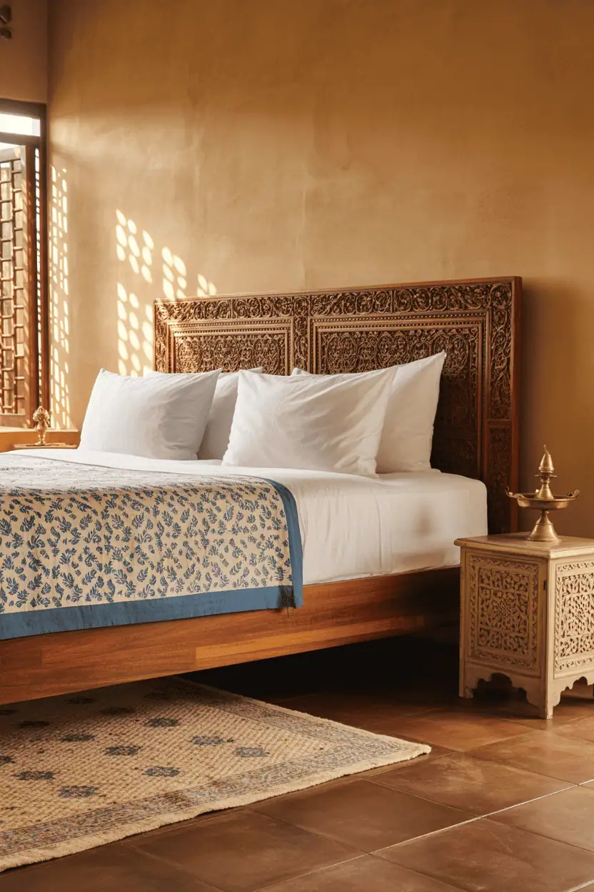 A beautiful Indian bedroom featuring a carved sheesham wood platform bed with intricate jali headboard, white cotton bedding with indigo block-printed quilt. Warm natural light filtering through carved wooden screen creating shadow patterns on ochre plaster walls. Polished terracotta floor tiles, handwoven dhurrie rug, brass diya on carved side table. Warm afternoon light, layered textures, grounded and lived-in atmosphere. Architectural interior photography style, editorial quality, depth of field.